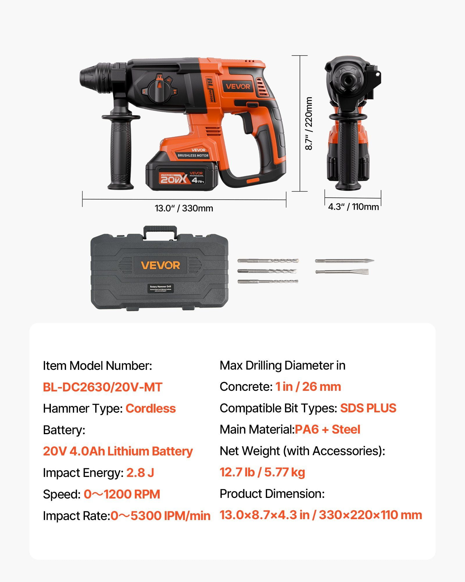 20V Max Brushless SDS-Plus Rotary Hammer Drill/Chipper Kit with 2 Batteries & Charger, 4-Function, 1200 RPM, Electric Drill for Concrete & Masonry