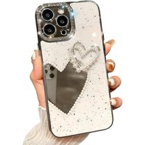 for iPhone Case,Luxury Glitter Crystal Diamend Rhinestone Sparkle Sparkly with Love Heart Mirror Camera Lens Protection Soft Shockproof Phone Case (White,iPhone 12)