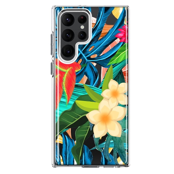 MUNDAZE Samsung Galaxy S22 Ultra Shockproof Clear Hybrid Protective Phone Case Blue Monstera Pothos Tropical Floral Flowers Cover