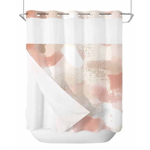 No Hook Shower Curtains with Snap in Liner, Beige Abstract Art Waterproof Fabric Shower Curtain, Contemporary Luxury Geometric Double Layers & See-Through Top Window Bathroom Curtains 72''x72''