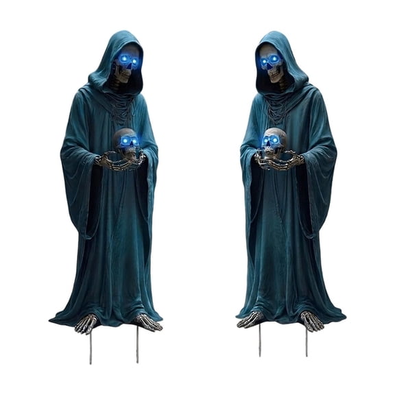 2 Pack Halloween Grim Reaper Garden Stakes - Iron Light Up Ghost Skeleton, 15.75in for Yard, Garden, and Halloween Decor