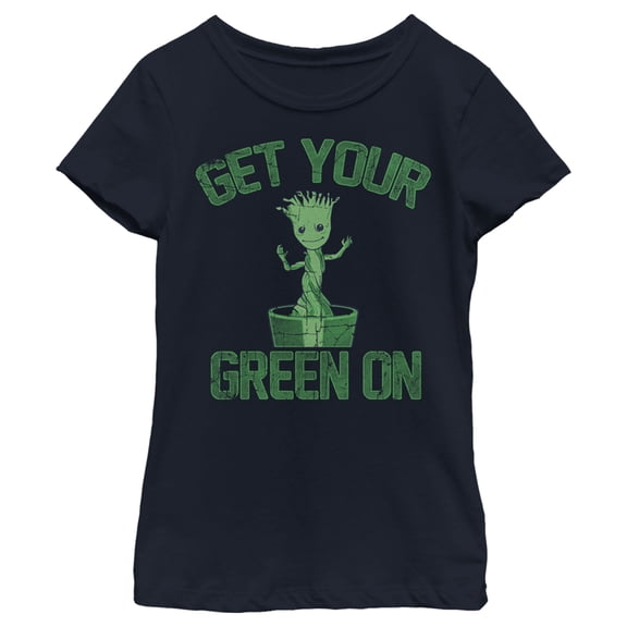 Girl's Marvel Groot St. Patrick's Day Get Your Green On  Graphic Tee Navy Blue X Large