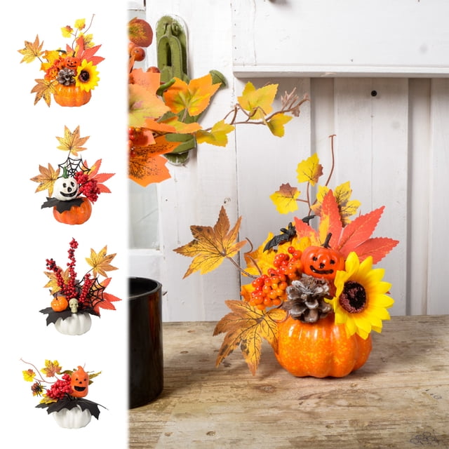 Fiudx Decoración de Calabaza de Halloween, Adorno de Acción de Gracias de Otoño, Diseño Único con Hojas y Bayas, Decoración de Mesa o Sala de Estar, Fácil Mantenimiento, Tamaño Pequeño 19 X 19 X 21 C