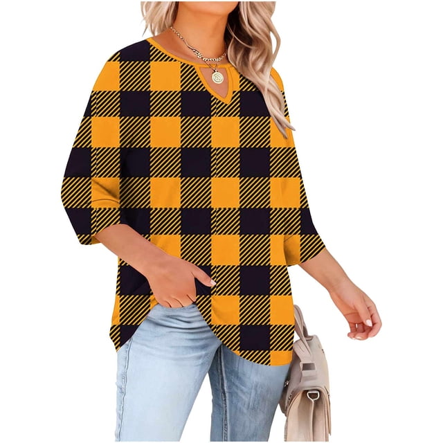 Ounisa T-Shirts à Manches 3/4 pour Femmes Grande Taille, Col Ras du Cou, Découpes sur la Poitrine, Imprimé Intégral, Décontractés, Basiques, Superposition, pour le Printemps et l'Été, L-5TG