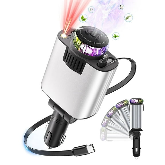 XHJ Retractable Car Charger with Aromatherapy Diffuser & Starlight, Car Cigarette Lighter Adapter USB C Fast Charging for iPhone 16, Father Day Essential Vehicle Accessories Gift