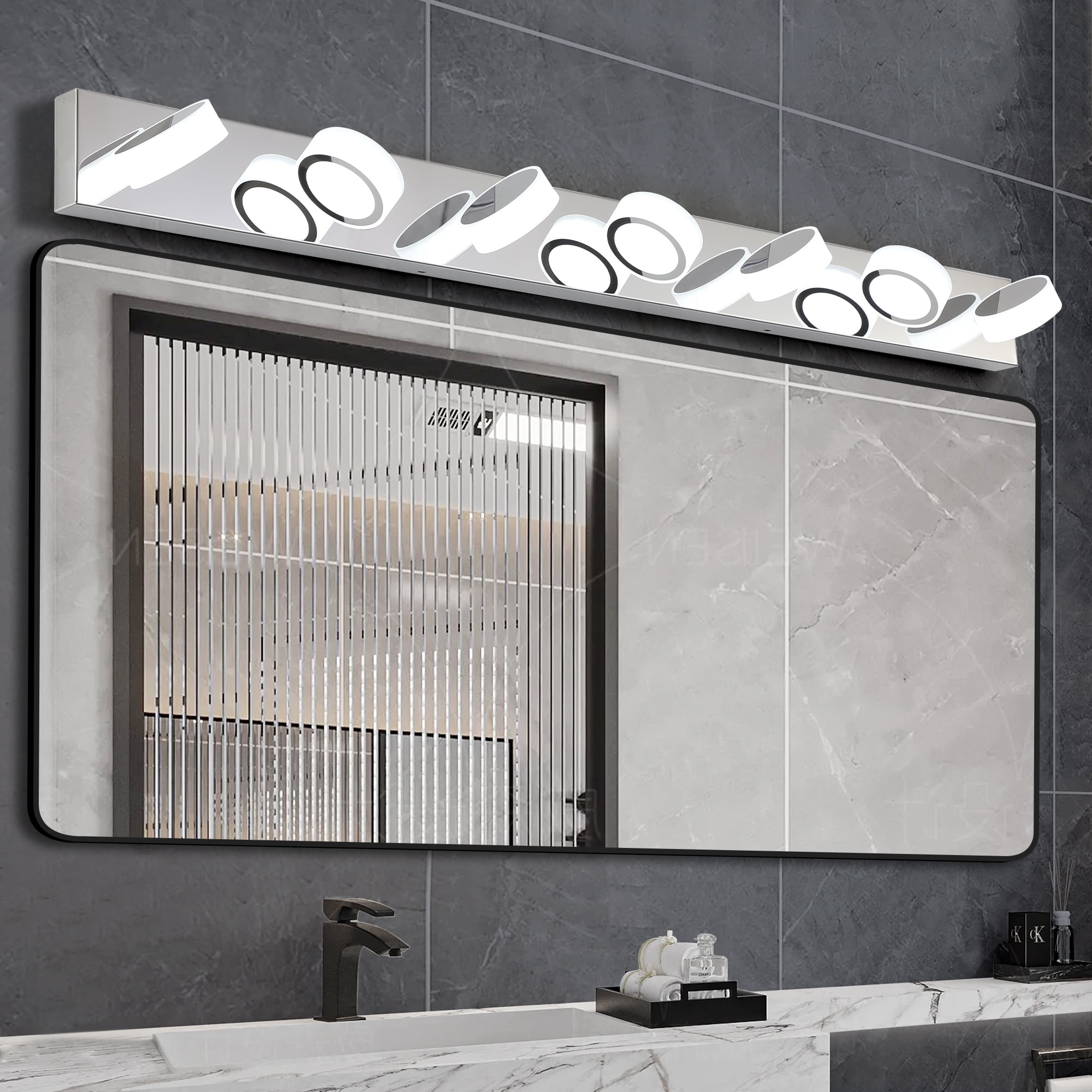 7 Light Modern Rotating Oval Lampshade 52.2in Metal Vanity Light Fixtures Dimmable for Bathroom Lighting Over Mirror Chrome