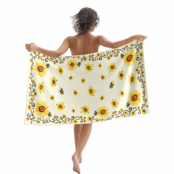 Beach Towel Bee Sunflower Wreath Bath Pool Towels Yellow Farmhouse Floral Absorbent Beach Towel Soft Large Quick Dry Lightweight Camping Travel Sports Yoga Gym Swim Towels for Adult 35x70 Inch
