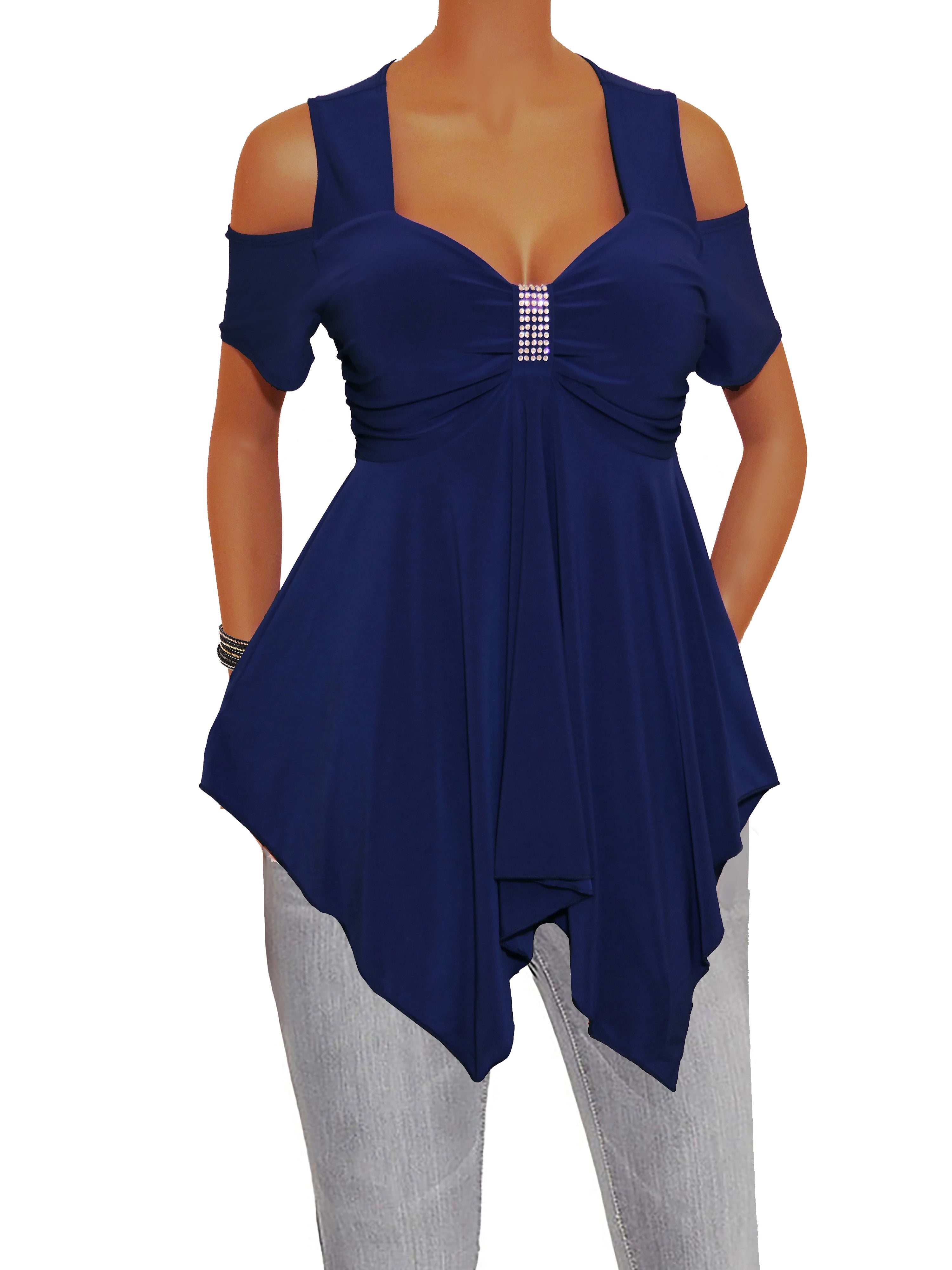 Funfash Women Plus Size Navy Blue Off Shoulders Blouse Top Shirt Made