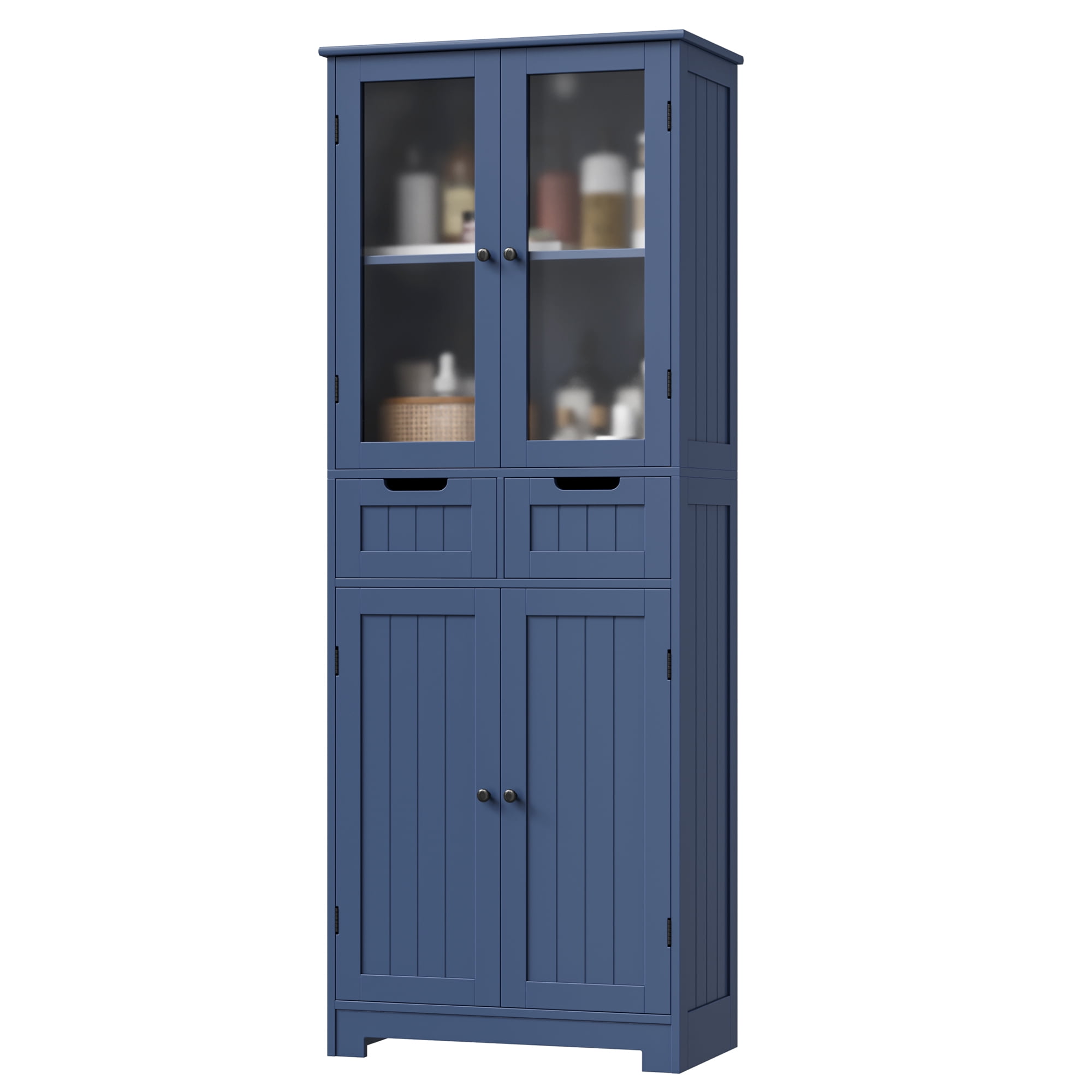 Homfa 4 Doors Bathroom Cabinet, 3-Tier Wood Tall Linen Storage Cabinet with 2 Drawers for Living Room, Blue