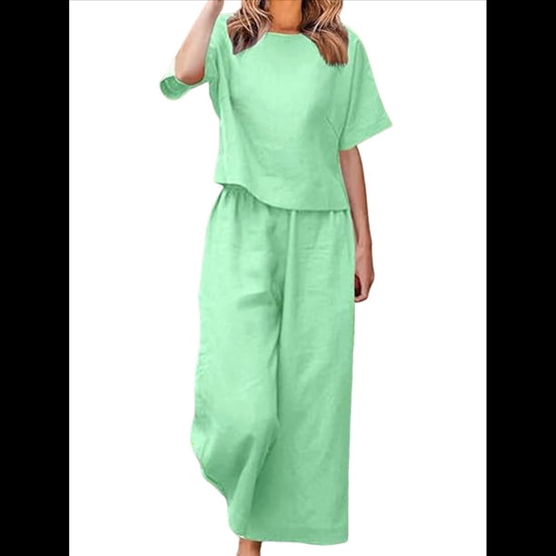Conjunto de 2 Piezas para Mujer: Blusa de Media con Cuello y Pantalón con Bolsillos, Informal para el Trabajo y Viajes. Verde XXL