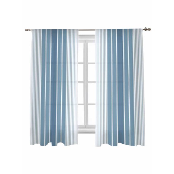 Minimalist Sheer Curtains 63 Inch Long 2 Panels, Country Haze Blue Gradient Stripe Light Filtering Rod Pocket Semi Sheer Curtains, Sheer Voile Drapes for Living Room Bedroom, 52"x63"