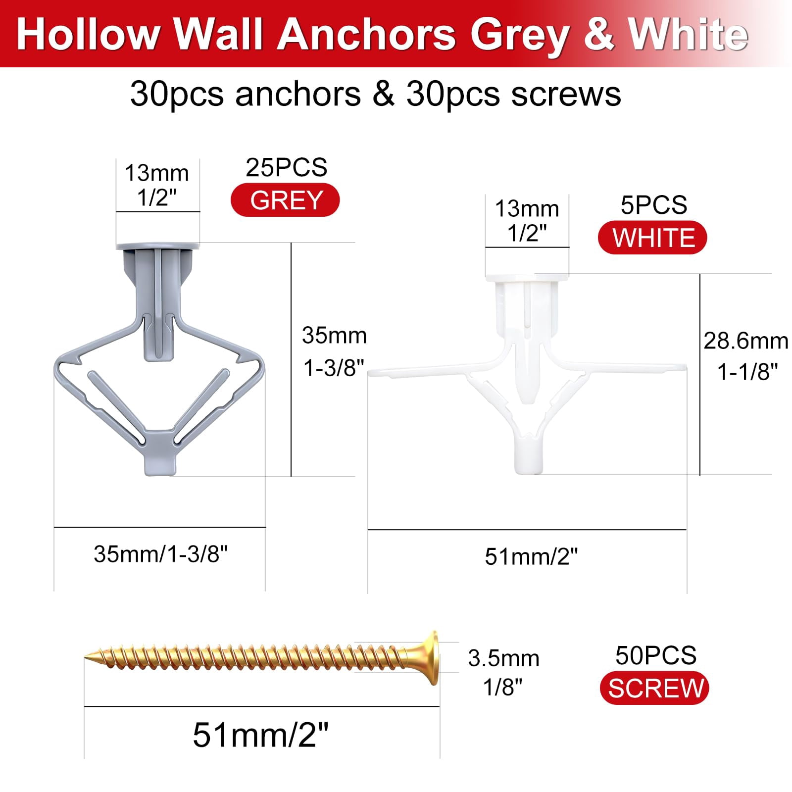 100Pcs Toggle Bolts Heavy Duty Drywall Anchors and Screws Kit, 3 Sizes 1/8" 3/16" 1/4" Hollow Wall Anchors, Toggle Bolts and Wing Nut Kit with Nuts Washers (25Sets)