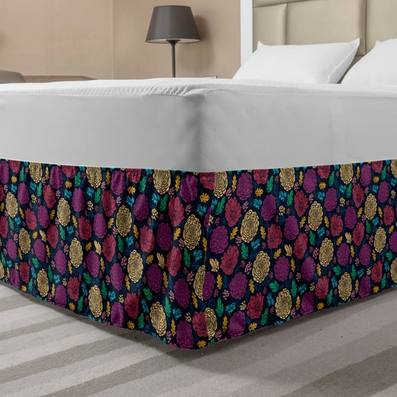 Floral Bed Skirt, Colorful Blossoming Flowers Leaves and Berries Vintage Art, Elastic Bedskirt Dust Ruffle Wrap Around for Bedding Decor, 4 Sizes, Multicolor, by Ambesonne