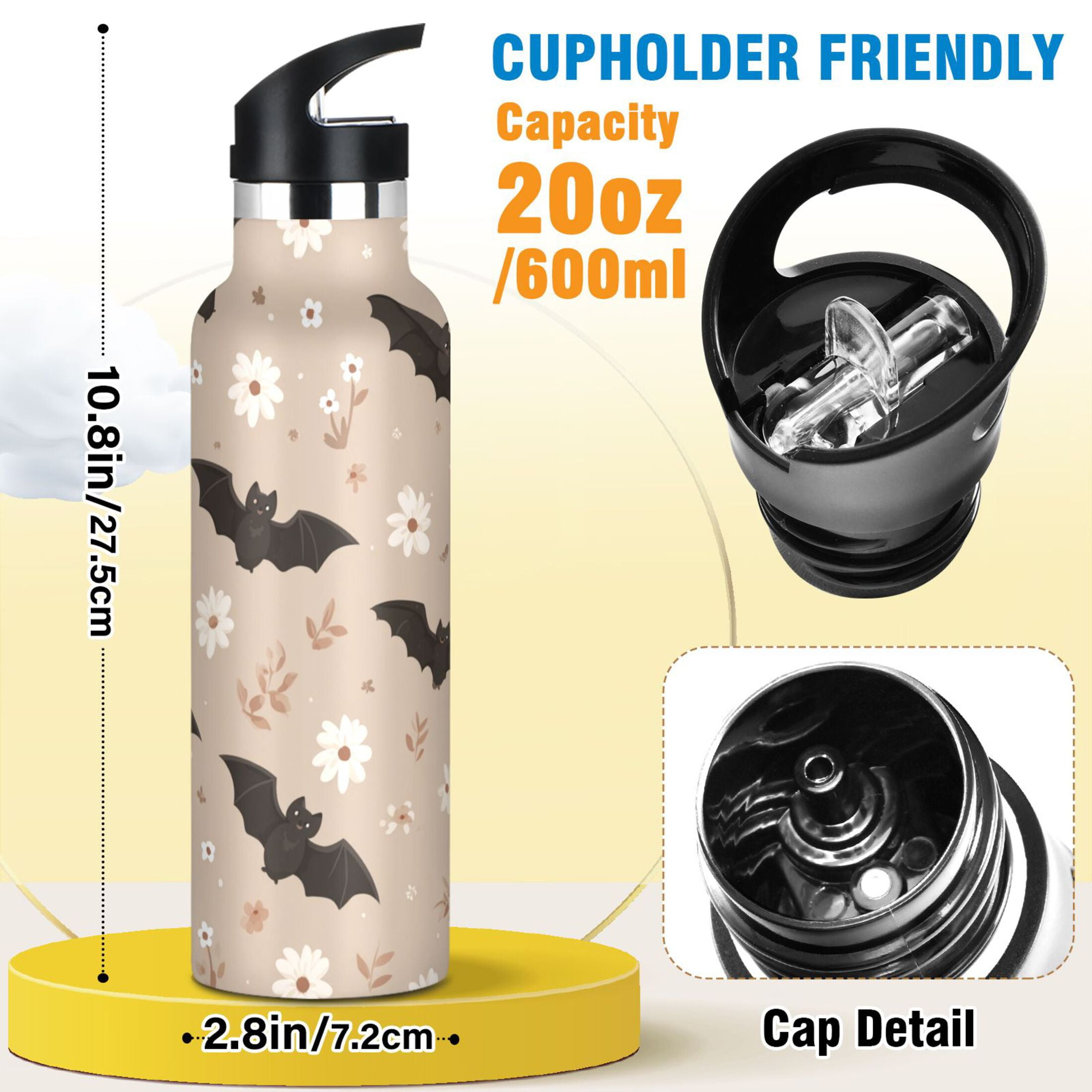 600ML Stainless Steel Insulated Cup Sports Water Bottle Portable Thermos Cup Water Glasses Insulated Tumblers Convenient and Durable Bats and White Flowers