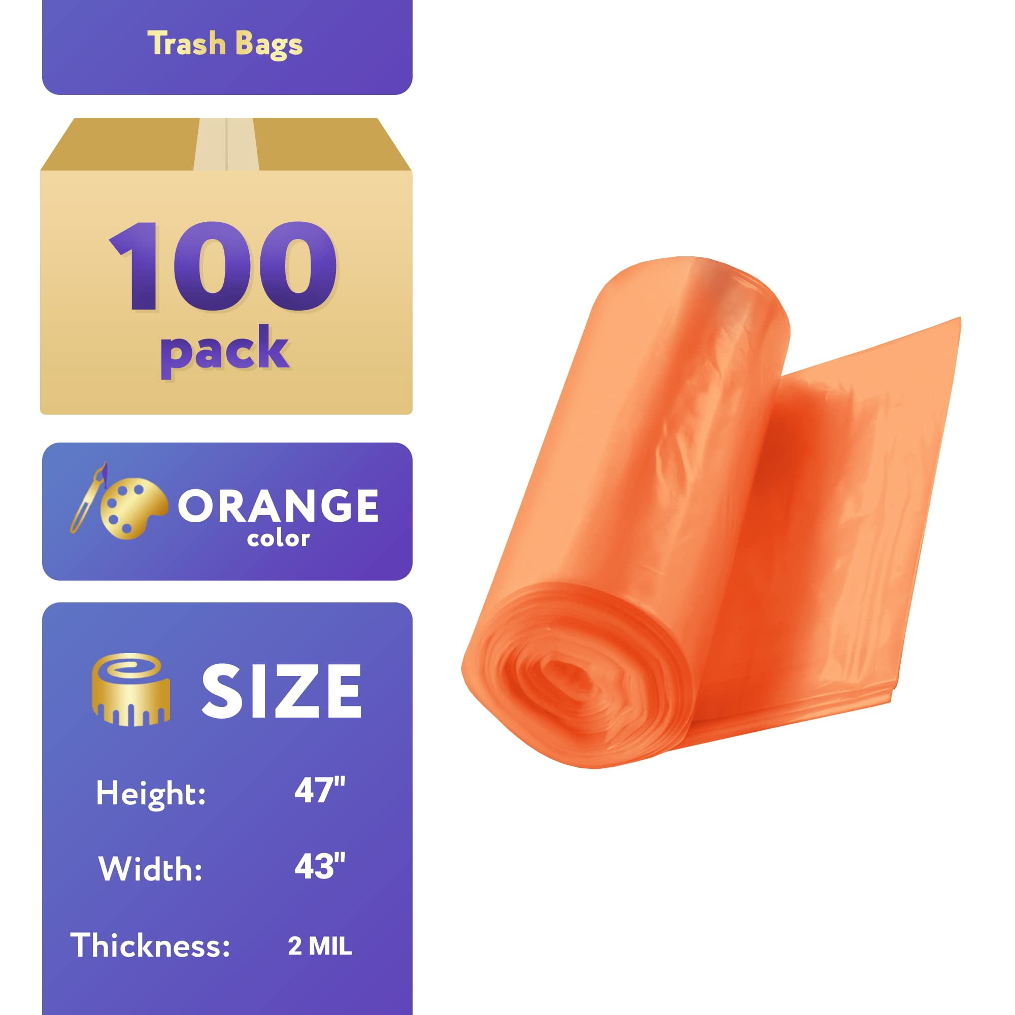 Orange Outdoor Trash Bags, 2 Mil Leakproof Polyethylene, 100 Count, 56 Gallon