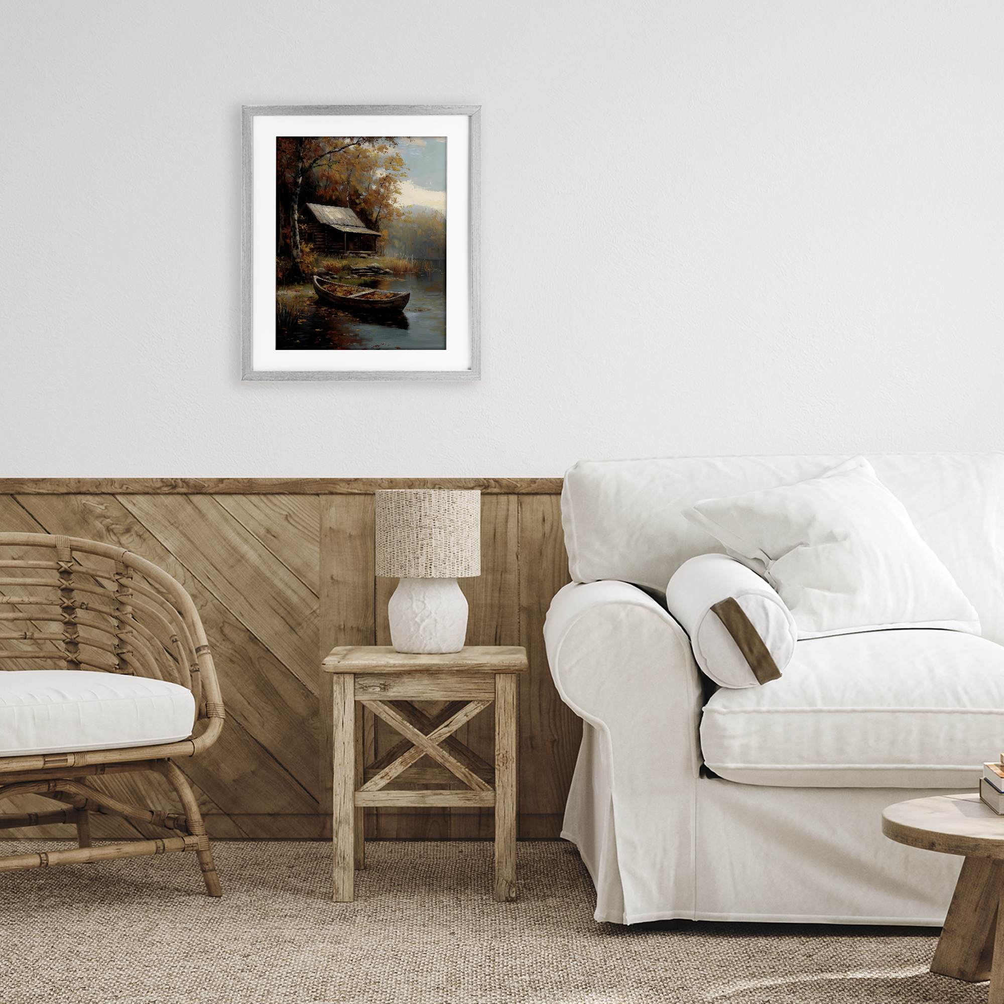 Autumn Cabin Canoe with Leaves Gray Framed Print Under Glass, design by Arlington Prints