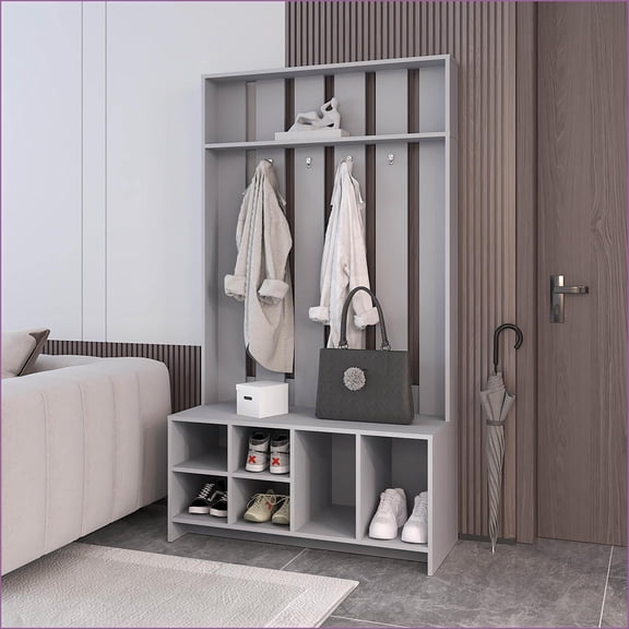 Hall Tree with Storage Bench, Coat Rack & Shoe Rack | Smoke | Melamine