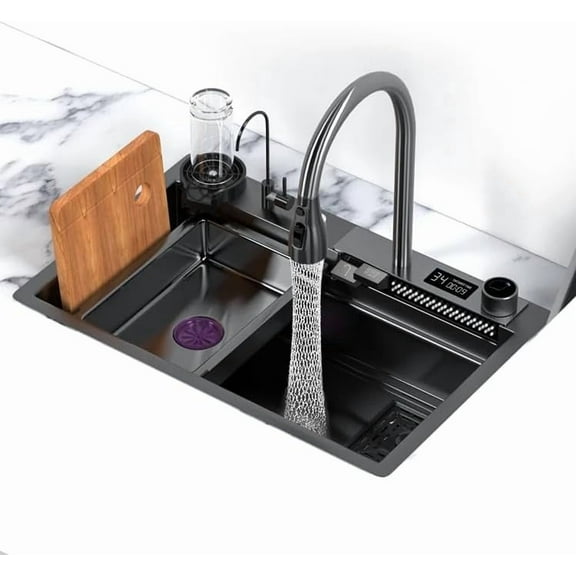 33*22 INCH Nano Black Drop In Sink 304 Stainless Steel Waterfall Sink with Pull Down Sprayhead Faucet Single Bowl Drop In Kitchen Sink Workstation with LED TEMP Display (33 x 22 IN)