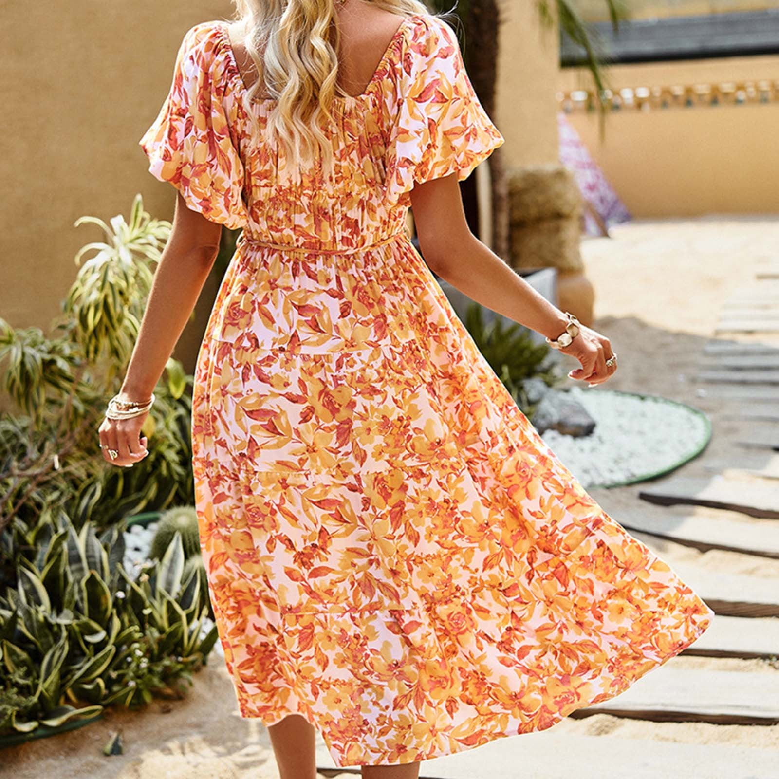 Lightning Deals of Today Prime Maxi Dresses for Women 2023 Summer Casual  Beach Long Dress Boho Floral Print Sundress Short Sleeve Party Prom Dresses