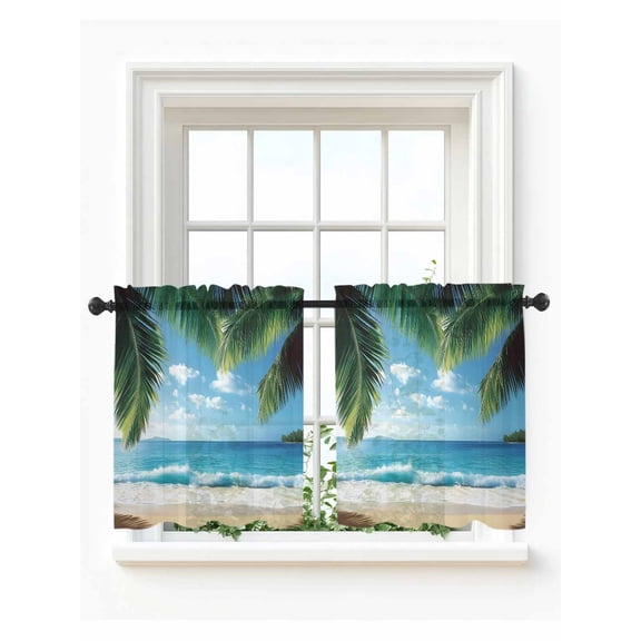 Coastal Ocean Tier Curtains 24 Inch Length,Sheer Curtains for Bedroom Living Room Window Sandy Beach Coconut Tree Blue Sky Scenery Small Half Window Kitchen Curtains & Drapes 27.5"x24" 2 Panels