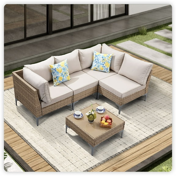 JOYURE 5 Piece Wicker Patio Furniture Set,Outdoor conversation Sectional Sofa w/Coffee Table,All-weather Outdoor sofa with Thick and Anti-slip Cushions for Deck,Poolside,Garden,Beige