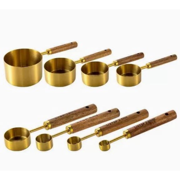 Vaelin Set of 8 Gold Stainless Steel Measuring Cups and Spoons with Wooden Handles, Stackable Kitchen Baking Measuring Tools for Home Cooking