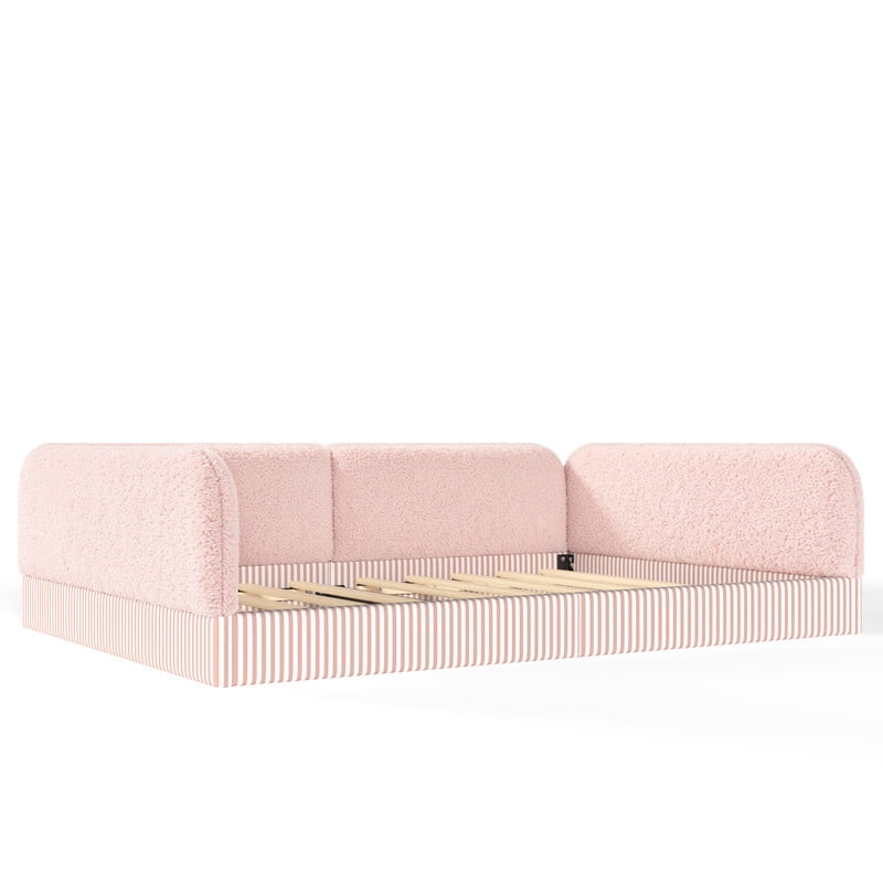 Queen Size Upholstered Floor Daybed Frame for Kids, Half-Enclosed Montessori Platform Bed with 3-Sided Surrounding Guardrails
