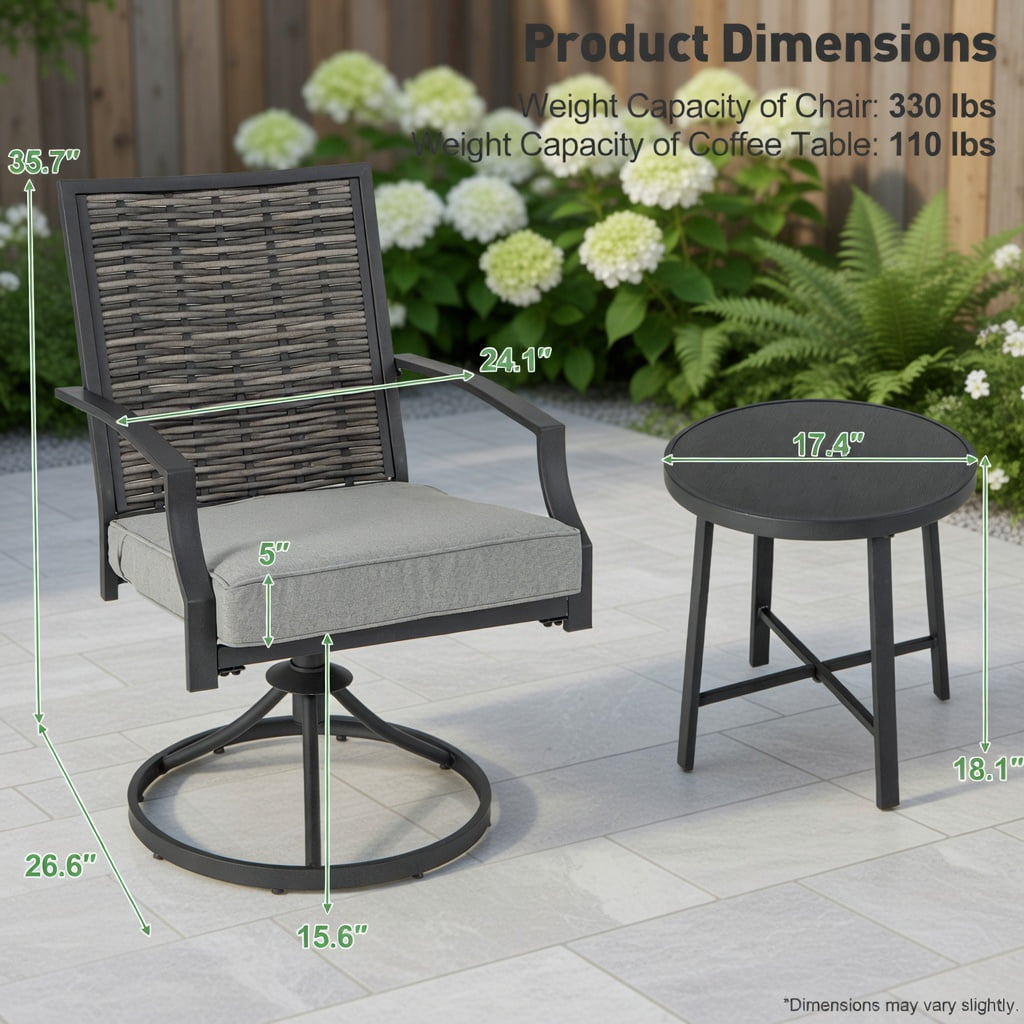 Hommoo 3-Piece Outdoor Swivel Patio Chair Set with Cushions, PE Rattan & Metal Frame, Includes Coffee Table for Backyard, Deck or Garden, Gray