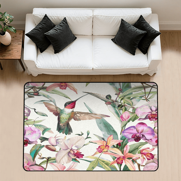 CURLYOOT Hummingbird Area Rug 3x5 Ft Rugs for Entryway Entrance Kitchen, Washable Non Slip Hibiscus Flower Indoor Floor Carpet for Bedroom Living Room