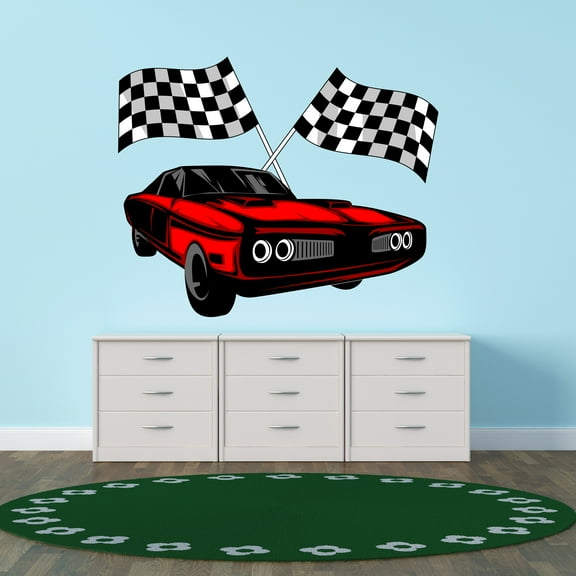 Sports Wall Decals for Boys Bedroom - Speedy Racing Car Flags Car DIY & Creativity Boy Girl Bedroom Wall Sticker - Size: 10 In x 8 In