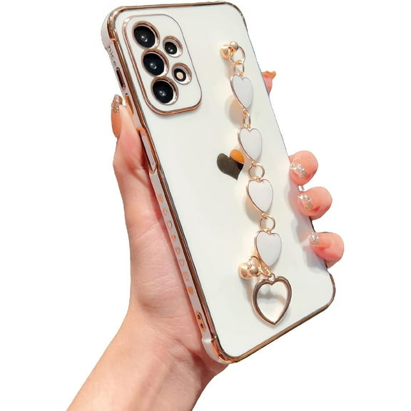 Compatible with Samsung Galaxy A23 Phone Case Women Luxury Plating Cute Love Heart Case with Heart Chain Bracelet Strap Soft Case for Galaxy A23 4g/5g Universal 6.6 inch (White)