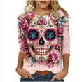 thumbnail image 2 of Aobny Women's Streetwear T-Shirt Party Skull Clothes Floral 3/4 Sleeve Crew Neck T-shirts for Adult, 2 of 6