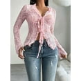 thumbnail image 5 of Women'S V Neck Lace Sheer Top Mesh See Through Shirts Open Front Tie Long Sleeve Blouses Y2k Going Out Tops Pink M, 5 of 8