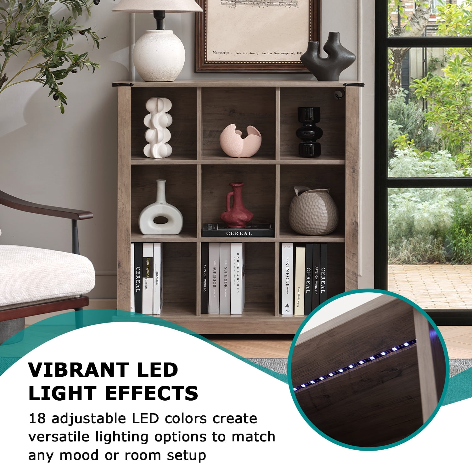 9-Cube LED Bookshelf - Mid-Century Modern Wood Storage Shelf for Bedroom, Living Room & Office, Gray