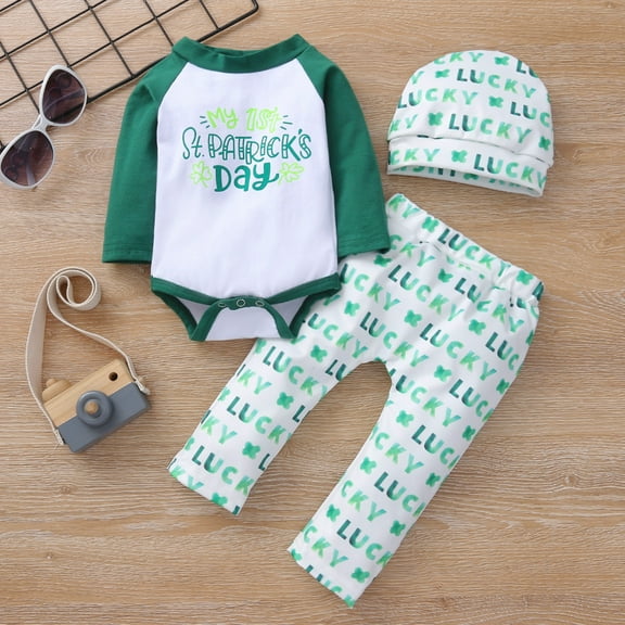 Herrnalise Newborn Infant Baby ST. Patrick Patchwork Letter Romper Print Bodysuit Pants Set