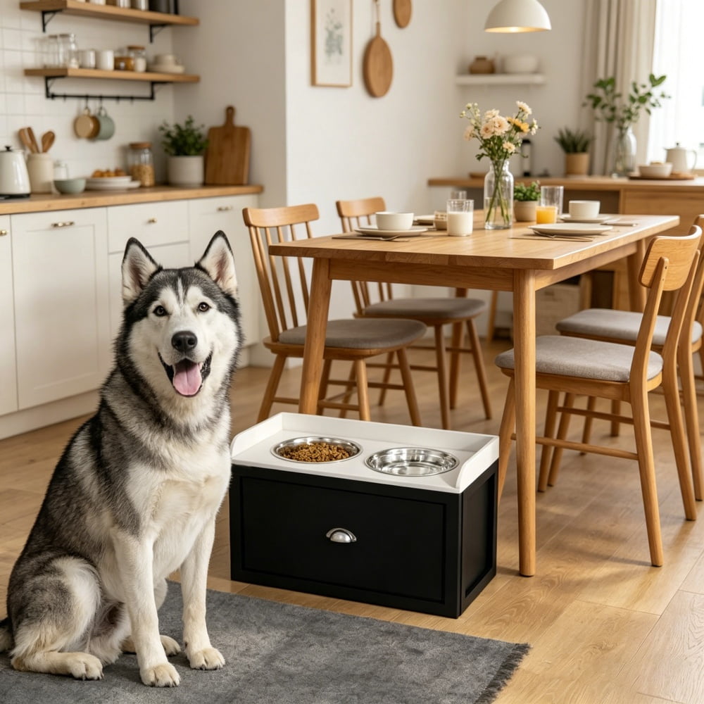 Elevated Dog Bowls Stand with Storage Drawer, Raised Pet Feeder with Removable Stainless Steel Bowls, Metal Sliding Rail Design for Large Dogs