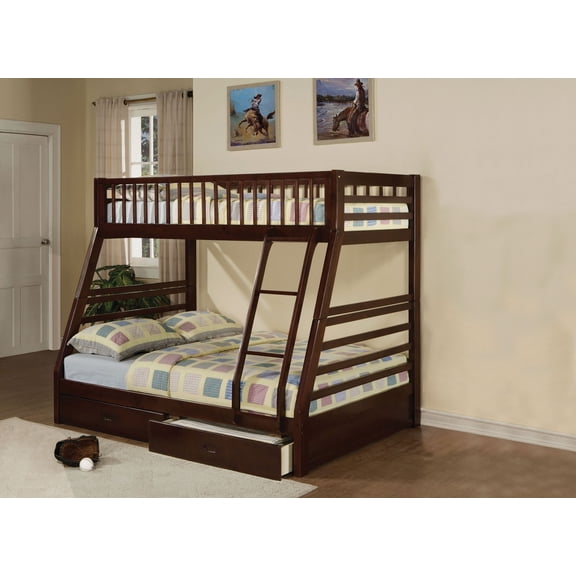 79" X 56" X 65" Epresso Pine Wood Twin Over Full Bunk Bed