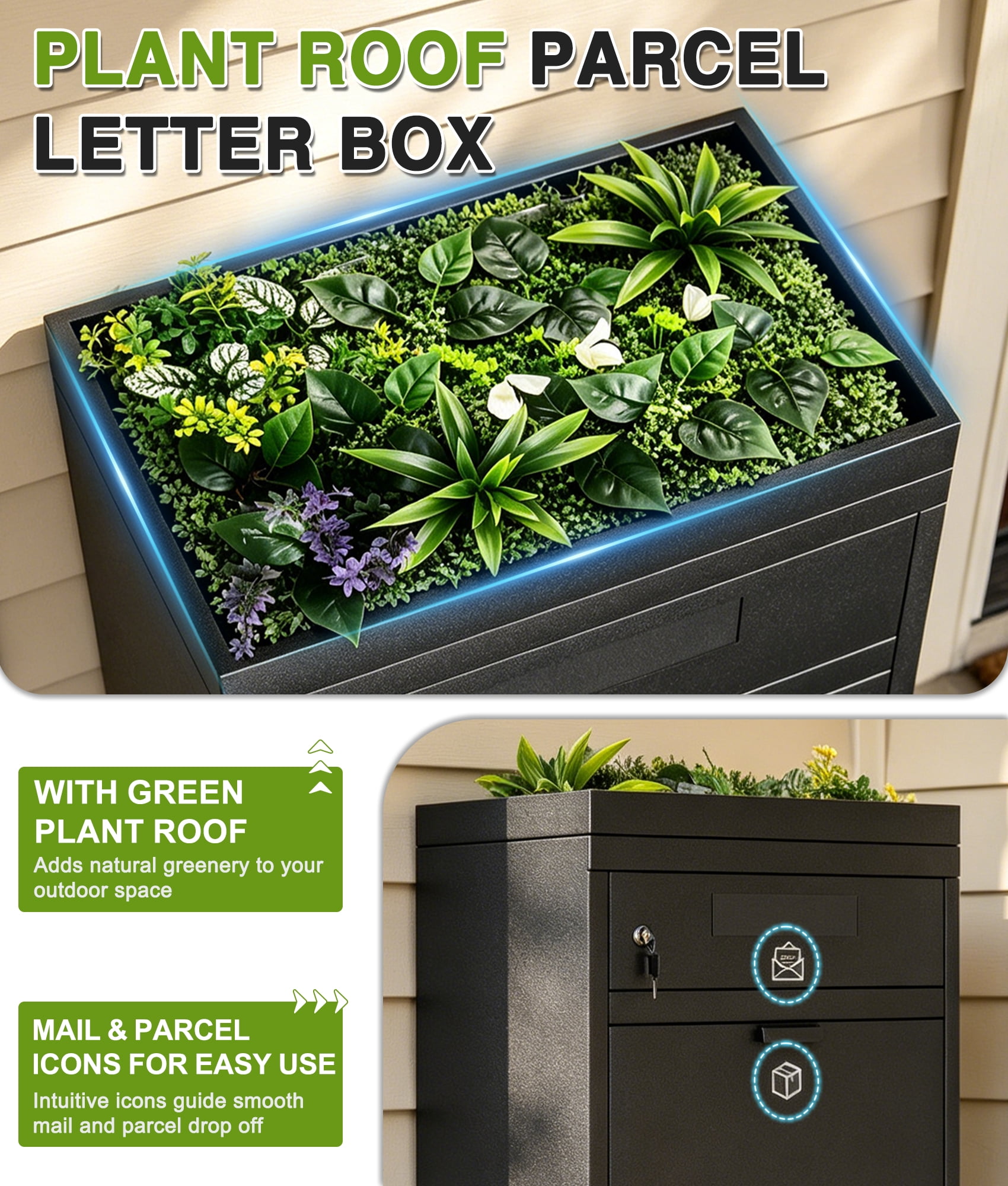 Esheno Package Delivery Box 45 in H Anti Theft Galvanized Steel Combination Lock Large Capacity Parcel Mailbox with Planter Top for Porch Apartment