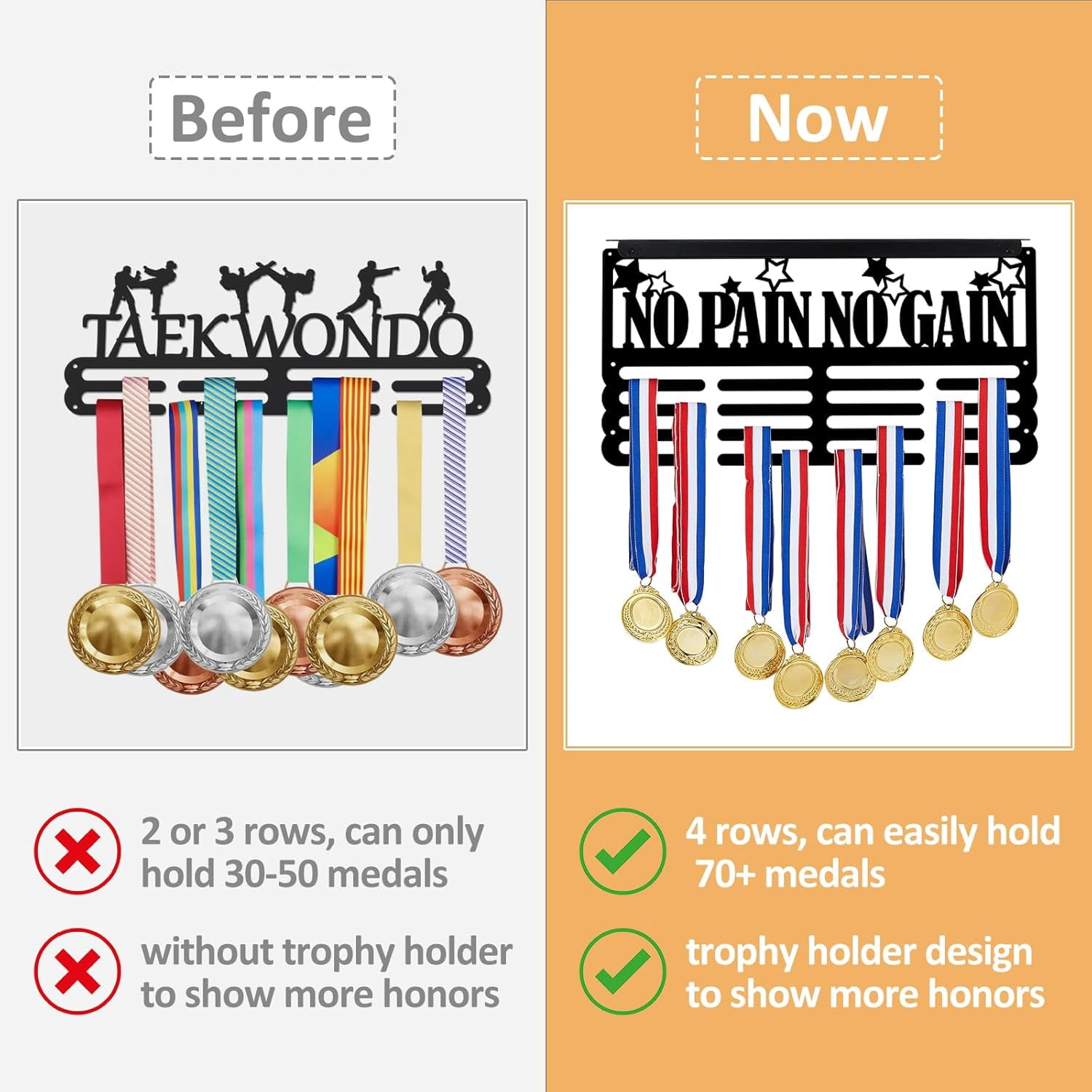 1set No Pain No Gain Trophy and Medal Display Shelf Stars Medal Hanger Display Trophy Shelf Sports Award Display Shelf for Wall Metal Wall Mount Award Ribbon Display for Athletes Black DIY