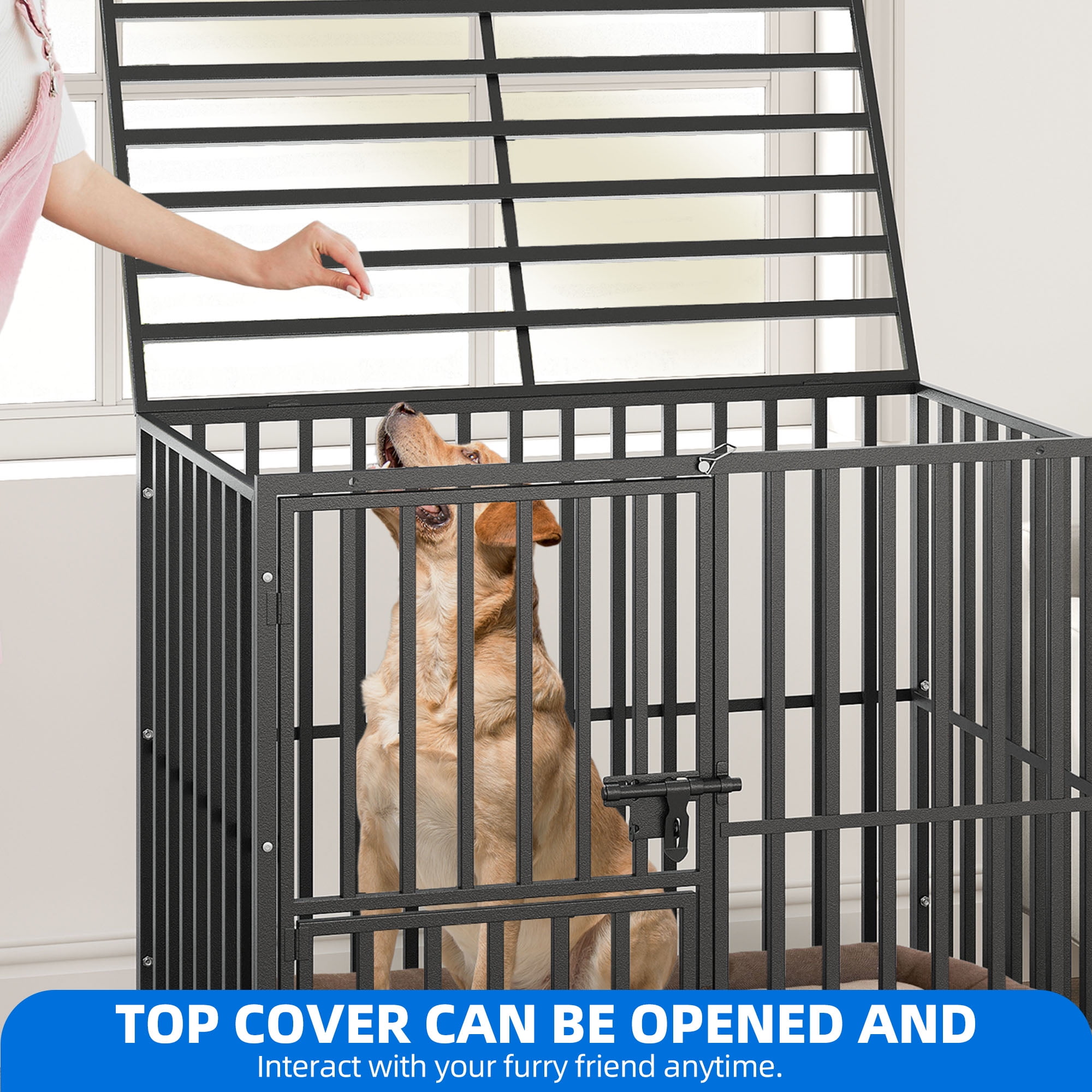 Uforic 38 Inch Heavy Duty Dog Crate with Wheels for Indoor and Outdoor, Large Dog Kennel with Three Doors,Removable Tray