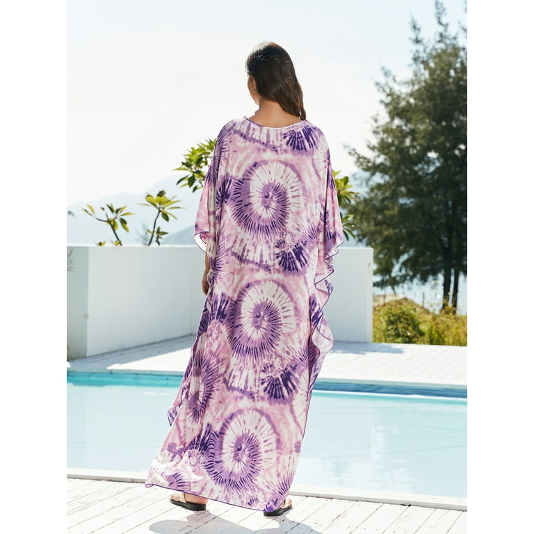 2024 Sumer Purple Boho Printed V neck Tassel Drawstring Kaftan Relaxed Robe Moo Moo Dress Beachwear House Dresses Q1604