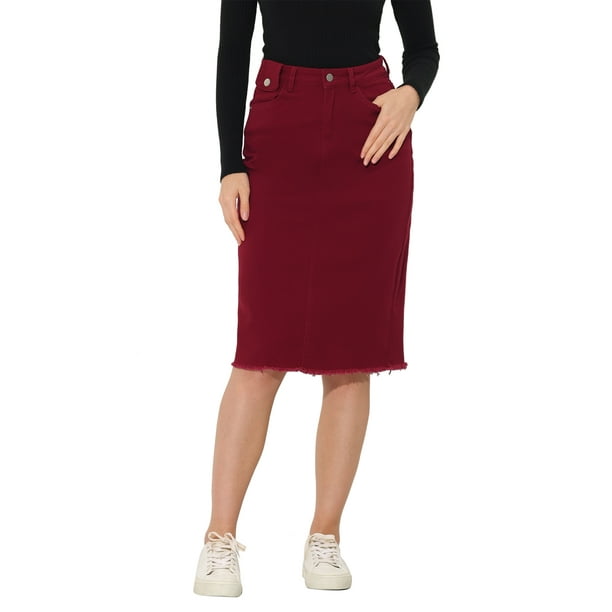 Faldas de mezclilla de cintura alta para mujer INSPIRE CHIC, con dobladillo sin terminar, a la altura de la rodilla, color rojo oscuro, talla M