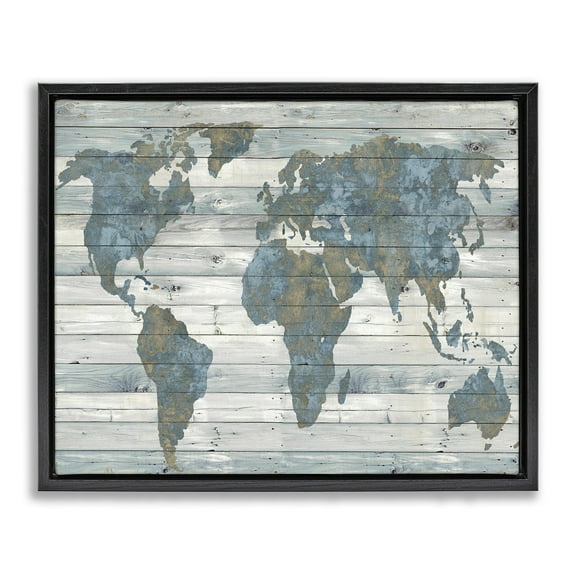 Stupell Industries Slate Blue & Tan World Map Town & City Painting Black Floater Framed Canvas Art Print Wall Art, 21 x 17