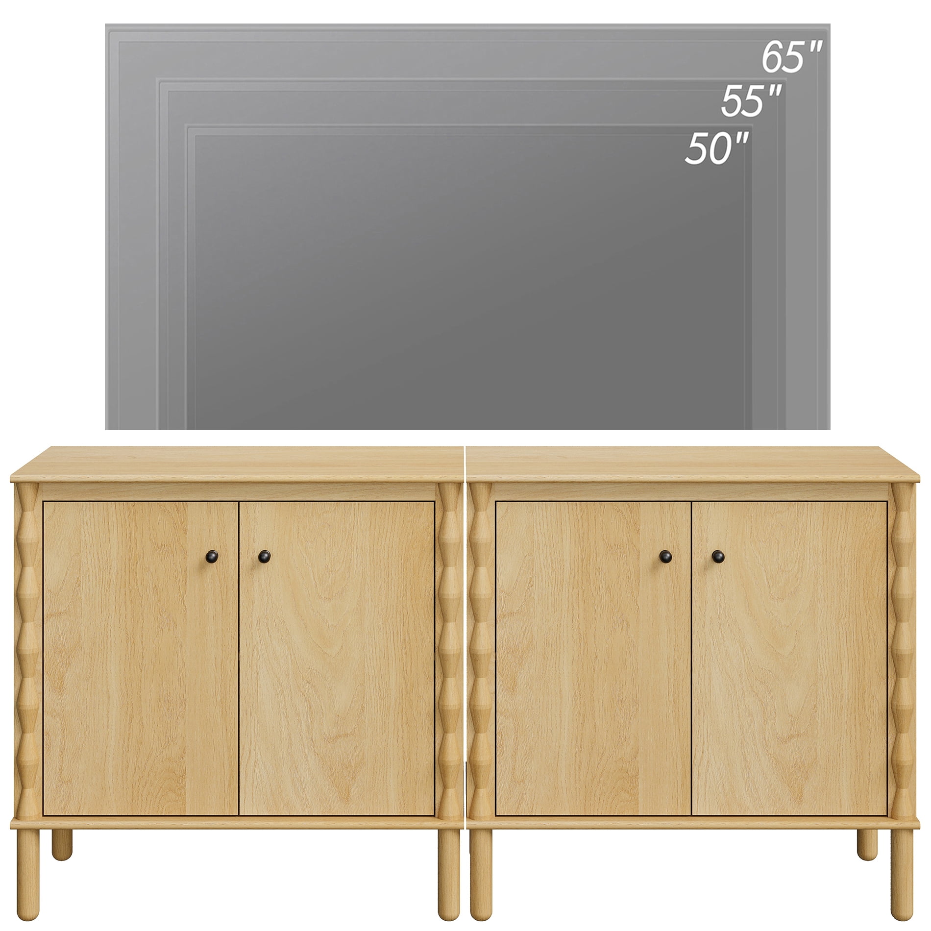 Modern TV Stand Console Table with Adjustable Shelf & 4 Soft-Close Doors，Oak