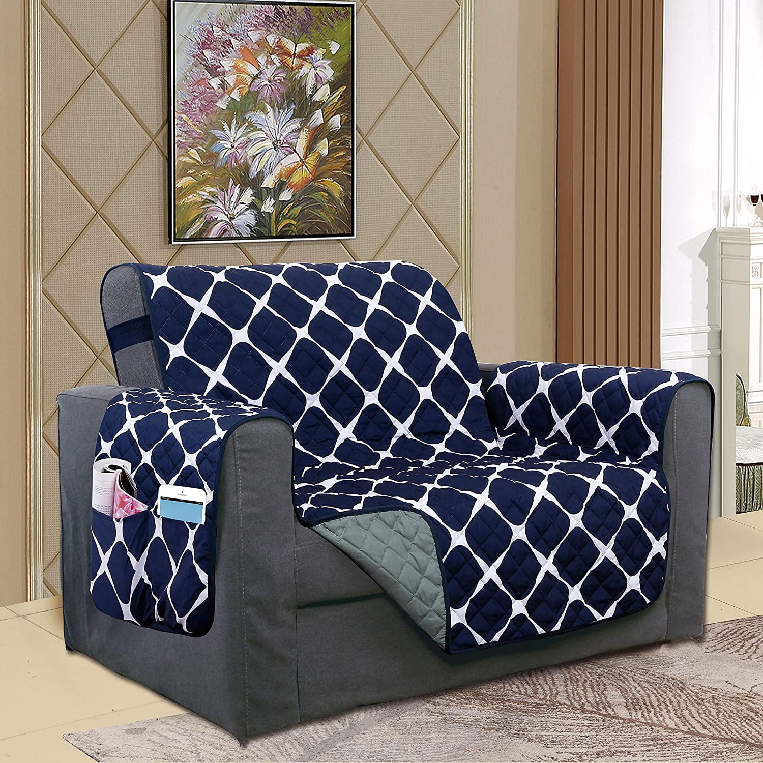 Quilted Reversible Furniture Protector For Pet Dog Children, Navy Blue Chair