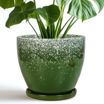 Stillaflora 8 inch Green Ceramic Plant Pot with Drainage Hole & Saucer | Glaze Textured Indoor Outdoor Plnater for Houseplants, Home Decor & Shelves