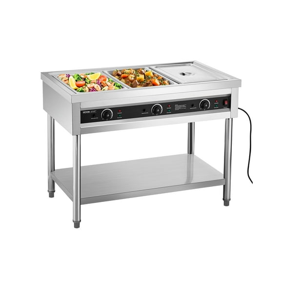VEVOR 3-Pan Commercial Food Warmer, Electric Steam Table with Independent Temperature Control, 450W x 3 Stainless Steel Buffet Catering Food Warmer with Undershelf