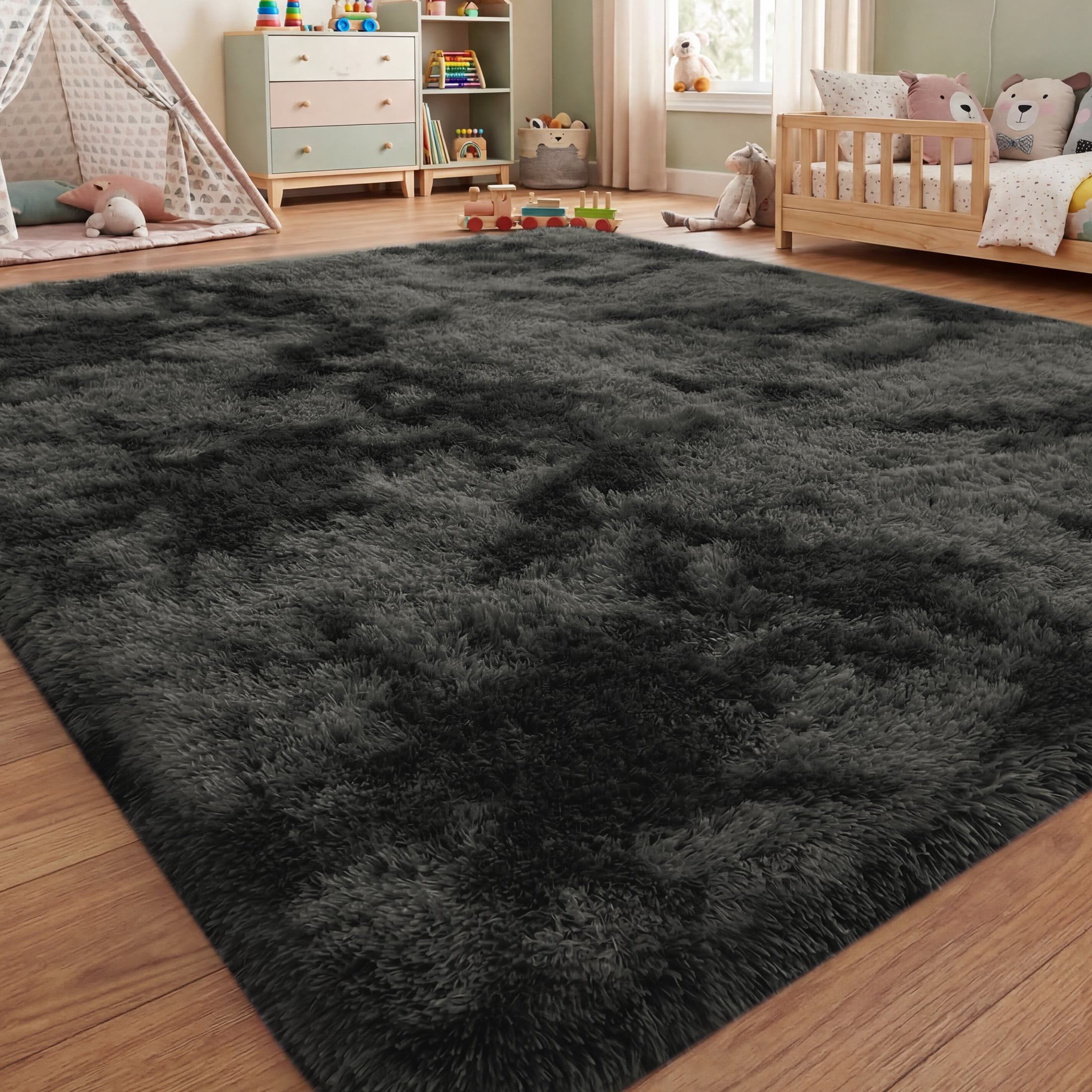 Nefoso Shag Area Rug, 5ft x 7ft Soft Fluffy Tie-Dye Area Rugs for Living Room Bedroom Decor Carpet, Black & Grey