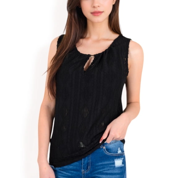 Women's Sleeveless Blouse with Keyhole Neckline and Geometric Eyelet Design- Black,Large