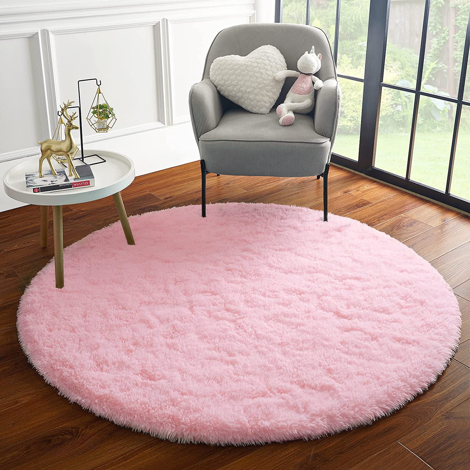 Junovo Round Fluffy Area Rugs For Kids Girls Princess Castle Plush Shaggy Carpet Cute Circle Nursery Rug For Kids Room Bedroom Living Room,4'x4',Pink